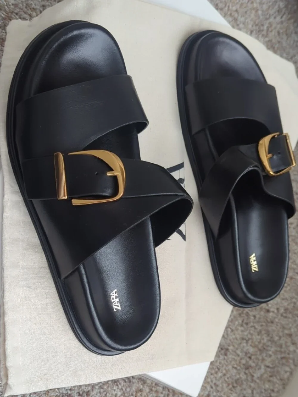 Zara Black Leather Slide Sandals with Gold Buckle - Picture 2 of 2